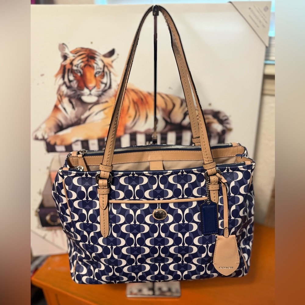 Coach Navy and Beige Signature Canvas Tote